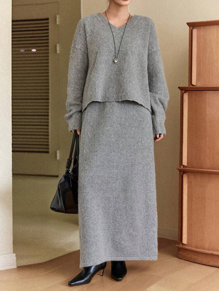 Women's Casual Solid Color Knitted Sweater And Skirt 2 Pieces Set, Autumn/Winter Business Casual Woman