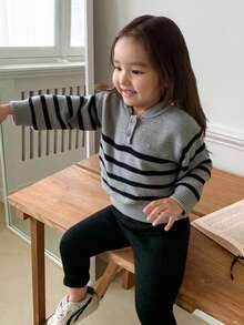 DAZY 女婴休闲条纹落肩卫衣，秋冬春季幼儿女童服装 - 黑與白 - 查看 5