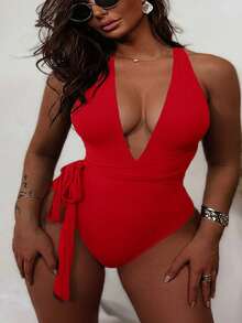 Swim Lushoire 2025 超低胸高衩连体泳衣 - 紅色 - 查看 5