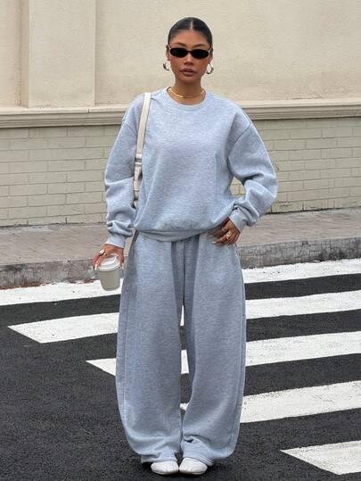 SHEIN EZwear 2件套女士休闲宽松灰色圆领长袖上衣和裤子运动套装