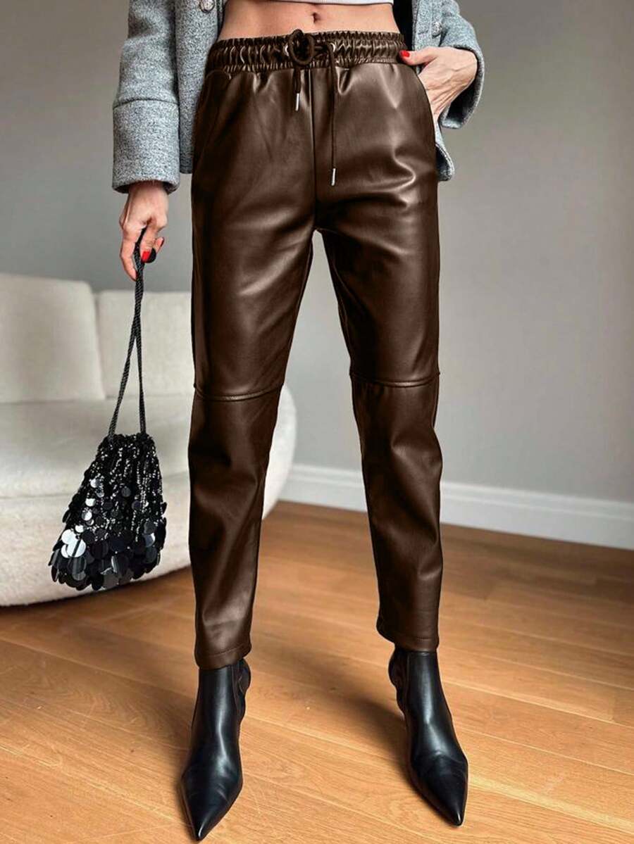 SHEIN Women's Solid Color Drawstring Waist Casual Pants - Chocolate Brown - View 1
