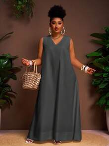 Veslaya 春夏新款度假休闲/通勤休闲/日常休闲/百搭纯白宽松V领A字不规则下摆大码长裙 - Z - 灰色 - 查看 5
