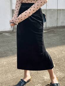 FRIFUL 女士丝绒直筒高开衩半身裙 冬季女装半身裙