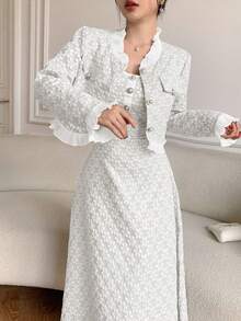 Modelyn Embossed Ruffle Front Button Long Sleeve Jacket And Sleeveless Dress Elegant 2 Pieces Set - Beige - View 3
