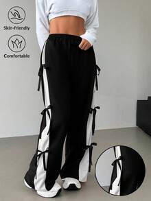 SHEIN EZwear Quần nỉ ống đứng cạp chun thắt nơ cỡ lớn màu tương phản, thường ngày, thu/đông - màu đen - Xem 1