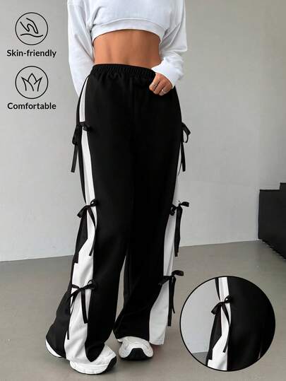 SHEIN EZwear 大码蝴蝶结松紧腰撞色直筒休闲运动裤，秋冬款