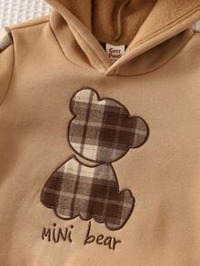 Cozy Pixies 2pcs Baby Boy Cartoon Bear Pattern Knit Soft Patchwork Brown Plaid Round Neck Long Sleeve Pullover Sweatshirt And Elastic Waist Long Pants Set - Khaki - View 4