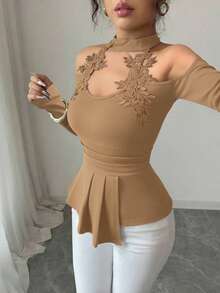 Elenzga 女士优雅性感时尚刺绣蕾丝花卉装饰 V 领不对称下摆长袖 T 恤，修身廓形，适合度假、约会、日常活动、派对 - 棕色 - 查看 3
