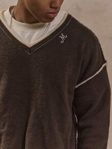 Musero V Neck Double Layer Ribbed Detailing Raw Hem Style Heavy Weight Premium Branded Patch Knit Jumper SPRING SUMMER Essentials - Multicolor - View 2