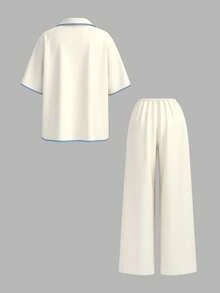 SHEIN PETITE Damen Lässig Pendler Kontrast Saum Schnürhemd und Hose 2-teiliges Set - Gelb - Übersicht 2