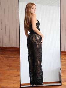 SILVIA DI SANTO Solid Black Sexy Sheer Lace Jumpsuit, Elegant Women's Undergarment, Daily Date Wear, Going Out Outfit, Party Wear, Asymmetric Leg Wide Leg Jumpsuit, Valentine's Day Jumpsuit, Casual Jumpsuit, Graceful Jumpsuit,Halloween Clothes Women ,Halloween Costume - Black - View 6