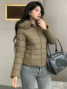 DAZY Áo khoác đệm cổ lông vá dành cho nữ, Thu/Đông - xanh quân đội - Xem 2