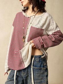 Bohemela 圣诞新年休闲针织条纹拼接纯色面料长袖圆领宽松女式卫衣，冬季