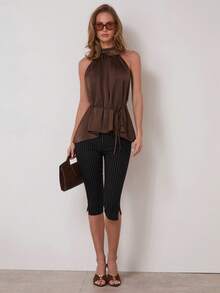 COSMINA Women's Elegant Waist Tie High Collar Ruched Satin Sleeveless Tank Top, Versatile For Commuting And Daily Wear, All Seasons, Chocolate Brown Top, Dark Brown Top , Brown Top Women , Coffee Brown Top - Green - View 4