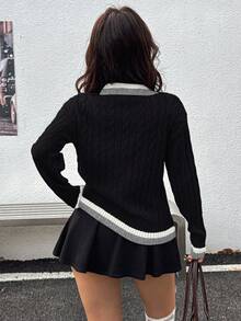 Ritzy Row Women's Contrast Color Embroidered Sweater, Autumn/Winter - Black - View 2