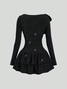 Sweetra 女士优雅露肩蝴蝶结迷你连衣裙，适合派对、正式场合、通勤和日常穿着，黑色亮面面料 - 黑色 - 查看 2