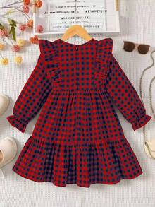 Emery Rose Kids 少女 小女孩 双胞胎女孩 格子宽松可爱休闲格子图案荷叶边荷叶袖灯芯绒法式连衣裙，长袖连衣裙，秋冬格子连衣裙，夏秋，非常适合休闲日常穿着和上学日常穿着，母女和姐妹装。 - 酒紅色 - 查看 6
