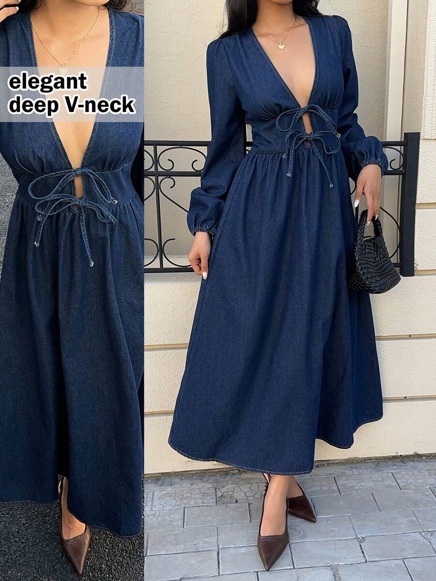 Siren Gaze 女士深蓝色牛仔连衣裙，法式优雅，长款连衣裙，深V领，蝴蝶结，泡泡袖，秋冬优雅女装 - 深色水洗藍 - 查看 1