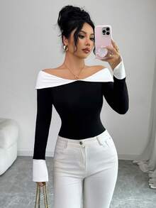 Elenzga 女士撞色露肩长袖修身衬衫，袖口开衩，适合秋季和新年穿着 - 黑與白 - 查看 5