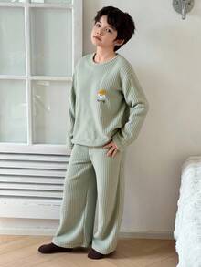 DAZY Kids Fall Clothes Boys Cute Embroidered Fleece Crew Neck Long Sleeve Top And Pants Pajama Set - Green - View 5