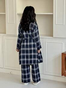 DAZY 2pcs/Set Tween Girls Plaid Minimalist Mid-Length Robe & Straight Loose Pajama Pants, Comfortable Home Wear For Fall - Navy Blue - View 5