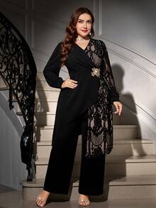 Ellevyn 大码交叉裹身长袖优雅收腰两件套 - 黑色 - 查看 7