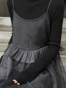 FRIFUL 女士无袖荷叶边网纱拼接休闲长裙 - 深灰色 - 查看 6