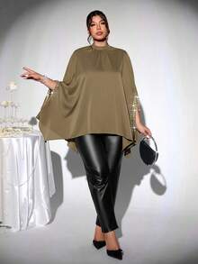 Firerie 中式立领斗篷式宽松蝙蝠袖衬衫，珍珠亮片装饰，优雅大码女式衬衫，适合情人节、音乐会、演出、约会、正式场合、通勤、返校、浪漫、办公室穿着、美人鱼风格、生日派对 - 卡其色 - 查看 7