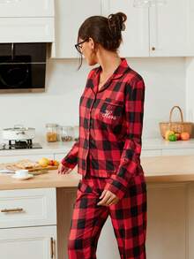 Doze Lane 女士复古休闲撞色格子“Hers”字母印花翻领长袖宽松睡衣套装 红色睡衣套装 女士格子睡衣，秋冬服装 - 彩色 - 查看 5