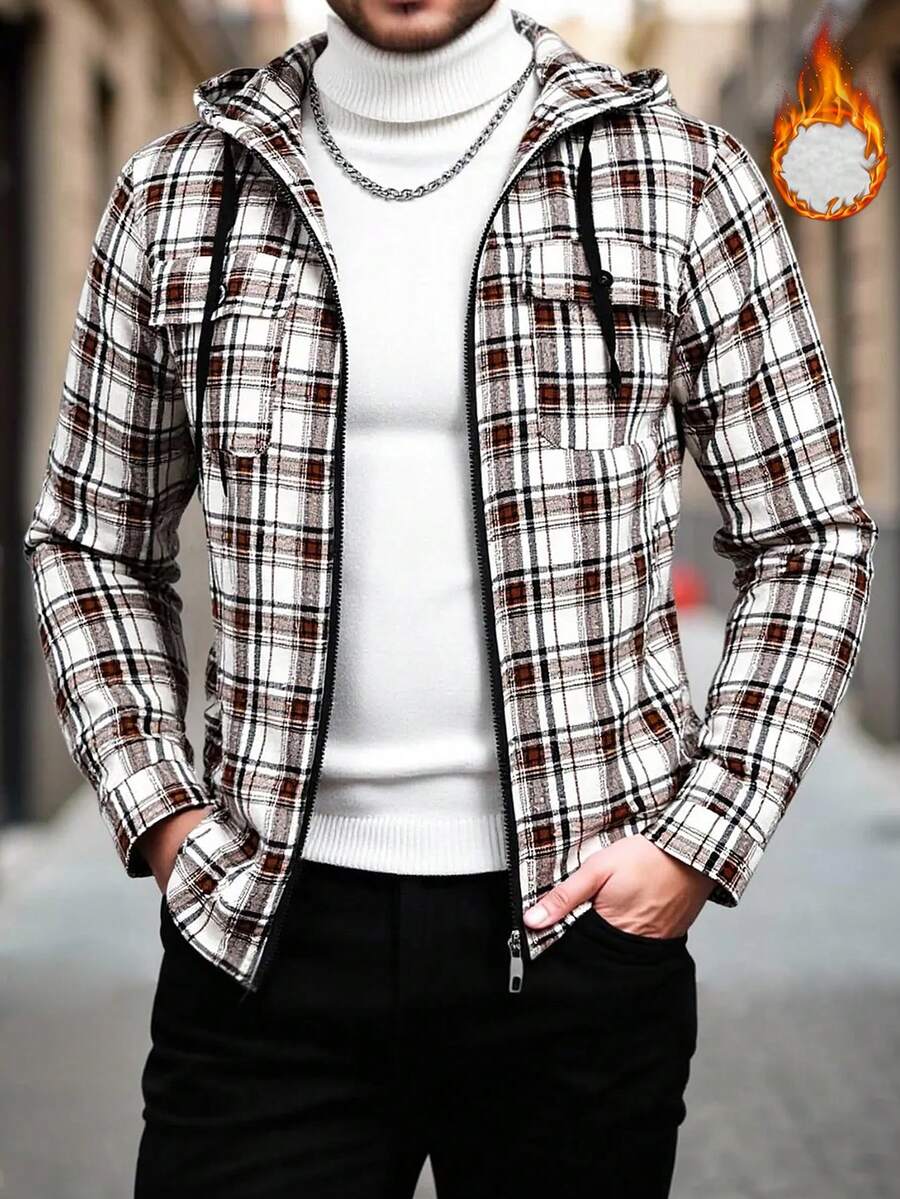 Manfinity Homme Chaqueta con capucha casual a cuadros para hombre, otoño