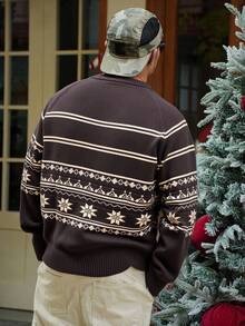 DAZY Men's Vintage Jacquard Pattern Crew Neck Sweater, Autumn/Winter,New Year,Christmas - Brown - View 2