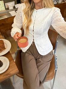 Serisse Women's Casual Vacation Style Solid Color Schiffy Faux Pearl Fitted Blouse, Spring/Autumn,Fall/Winter French-Style New Arrival: Lace-Embroidered White Round-Neck Shirt-A Fashion Essential For Everyday Wear. This Waist-Cinching, Figure-Flattering Shirt Perfectly Complements Casual Outings And Afternoon Tea Dates, Making It A Timeless Staple In Any Fashion-Forward Woman's Wardrobe., White Top,White Shirt,White Blouse;Stylish Women's Blouses,Elegant Blouses For Women; - White - View 1