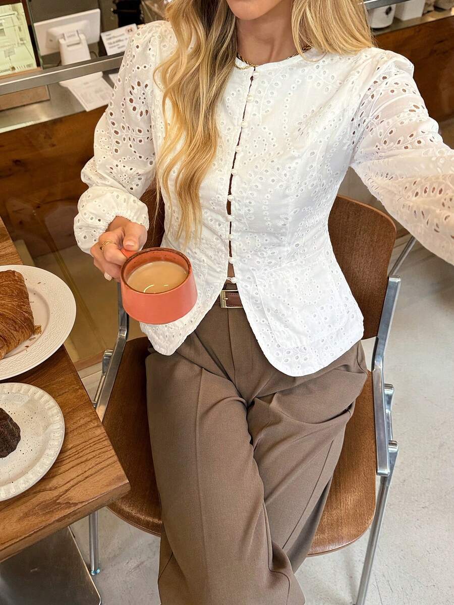 Serisse Women's Casual Vacation Style Solid Color Schiffy Faux Pearl Fitted Blouse, Spring/Autumn,Fall/Winter French-Style New Arrival: Lace-Embroidered White Round-Neck Shirt-A Fashion Essential For Everyday Wear. This Waist-Cinching, Figure-Flattering Shirt Perfectly Complements Casual Outings And Afternoon Tea Dates, Making It A Timeless Staple In Any Fashion-Forward Woman's Wardrobe., White Top,White Shirt,White Blouse;Stylish Women's Blouses,Elegant Blouses For Women; - White - View 1