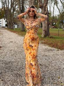 Jeta Ari Áo xoắn họa tiết da báo màu nâu cho nữ, váy dài tay và đuôi cá - Nhiều màu - Xem 4