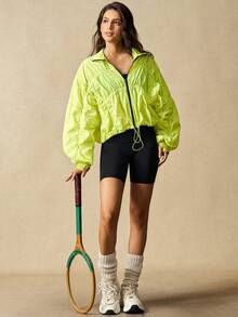 VARSIVA Fluorescent Yellow Casual Pleated Zipper Drawstring Hem Windproof Sports Jacket. - Green - View 2