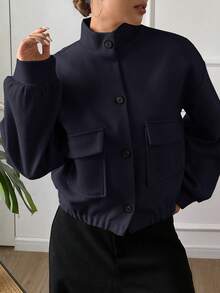 DAZY 女士休闲纯色翻领口袋短款外套，秋冬款 - 藏蓝色 - 查看 5
