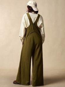 Bohemela 女式夏季休闲纯色针织插袋阔腿宽松连体裤，适合复活节和音乐节波西米亚风格 - 軍綠色 - 查看 5