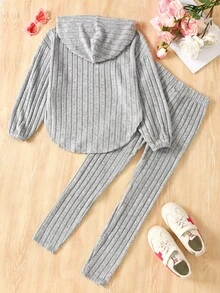 SHEIN 2pcs/Set Tween Girls Ribbed Hoodie Top With Asymmetrical Hem And Leggings - Grey - View 2