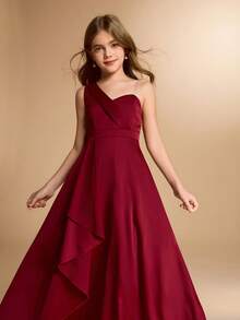 Elegantes Blumen Mädchen-Kleid für Abschluss, Hochzeit, Ball, geeignet für Halloween, Weihnachten, burgunderrotes Satinkleid mit einem Schulterträger, Schleife, rückenfreiem Rücken und Midi-Länge für Tween Mädchen, asymmetrischer Saum, aufgeblähter Prinzessinnen-Stil für den Schulanfang - Bordeaux - Übersicht 5