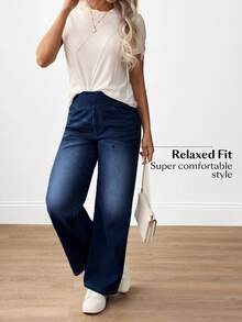 Flexra Quần Jeans Ống Rộng Túi Cạp Cao Cho Nữ Kiểu Dáng Thường Ngày Đa Năng - Rửa tối - Xem 2