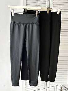 SHEIN Tween Girls Casual Versatile Simple Elegant High Waist Slim Fit PU Plus Stretch Knit Solid Black Leggings Three-Pack, Buy 1 Get 2 Free, Suitable For Autumn Winter Casual Daily Wear - Black - View 4