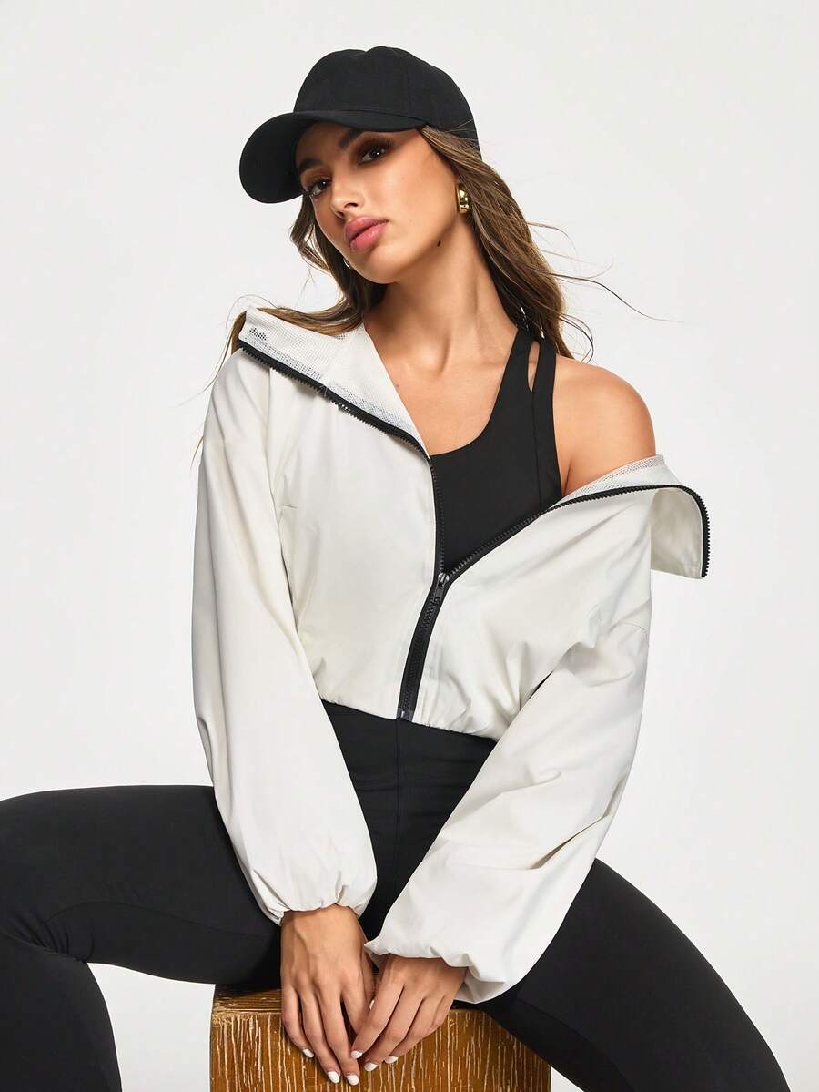 Eassivo Eassivo Áo khoác có mũ trùm đầu màu trắng dành cho nữ, áo gió nhẹ, áo chạy bộ tay dài dáng rộng, đồ thể thao ngoài trời thường ngày, áo hoodie tập thể dục thoáng khí, áo khoác tập luyện ngắn, áo gió ngắn, áo khoác thể thao nữ - Màu be - Xem 1