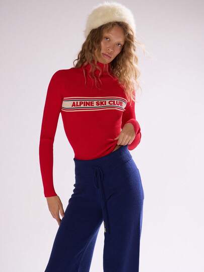 MUSERA Trui met hoge hals en 'Ski Club'-streepjes, aansluitend model, perfect voor de herfst, winter, skivakantie of andere ontspanningsmomenten.