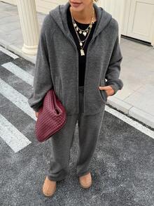 DAZY Ensemble 2 pièces veste à capuche et pantalon de couleur unie décontractée pour femmes, automne