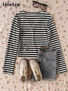 女童休闲条纹V领长袖T恤，百搭实用，适合散步、购物、工作、上学、旅行，可搭配外套、马甲、裤子、运动裤等。 - 黑與白 - 查看 2