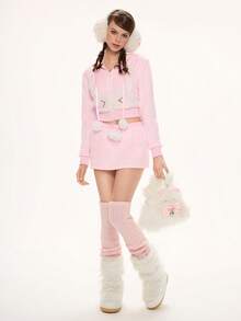 ROMWE Kawaii Women's Cute Rabbit Ear Plush Patchwork Contrast Color Fabric Rabbit Tail 2 Pieces Set - Pink - View 7