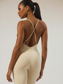 MUSERA ESSENTIALS Strappy Fitted Jumpsuit Catsuit Basic Autumn Winter Casual Going Out Everyday Night Out Sexy Cute Cosy Spring - Beige - View 2