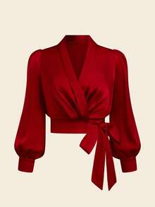 DreamSkyne Bộ 2 món quần ống đứng cổ chữ V buộc dây thiết kế mới mùa xuân và thu dành cho nữ cỡ lớn - Màu Đỏ Sâu - Xem 4