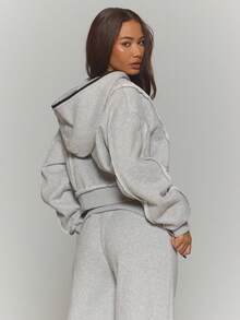 MUSERA 露缝拉链短款连帽卫衣，冬季街头风，酷炫夜店日常性感休闲款 - 深灰色 - 查看 4