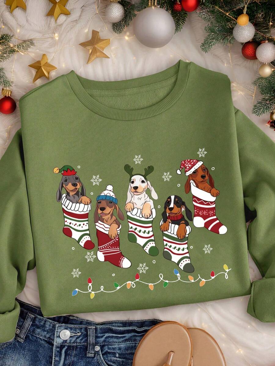 INAWLY Christmas Women Cartoon Dog Print Thermal Lined Crew Neck Sweatshirt, Casual For Autumn/Winter Pullover Fall - Army Green - View 1